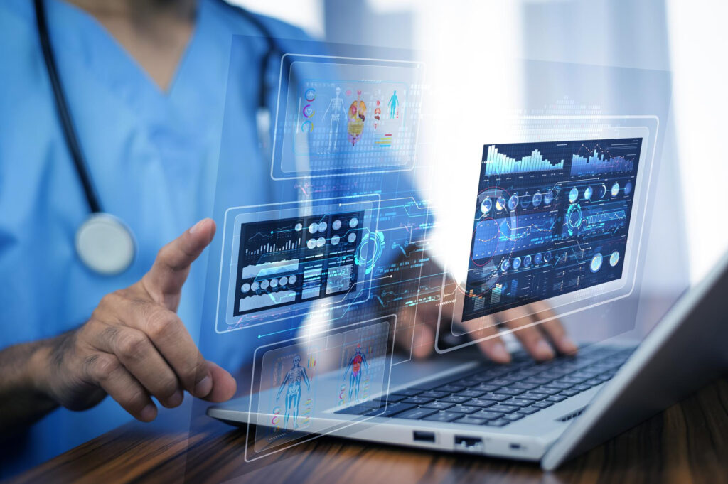 Digital healthcare technology interface with data visuals, representing innovation, connected care, and modern medical systems