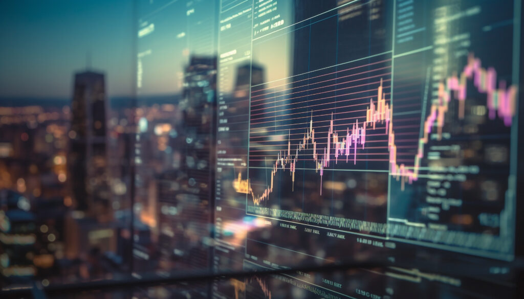 Data and analytics overlay on a city skyline, representing smart cities, AI insights, and digital transformation