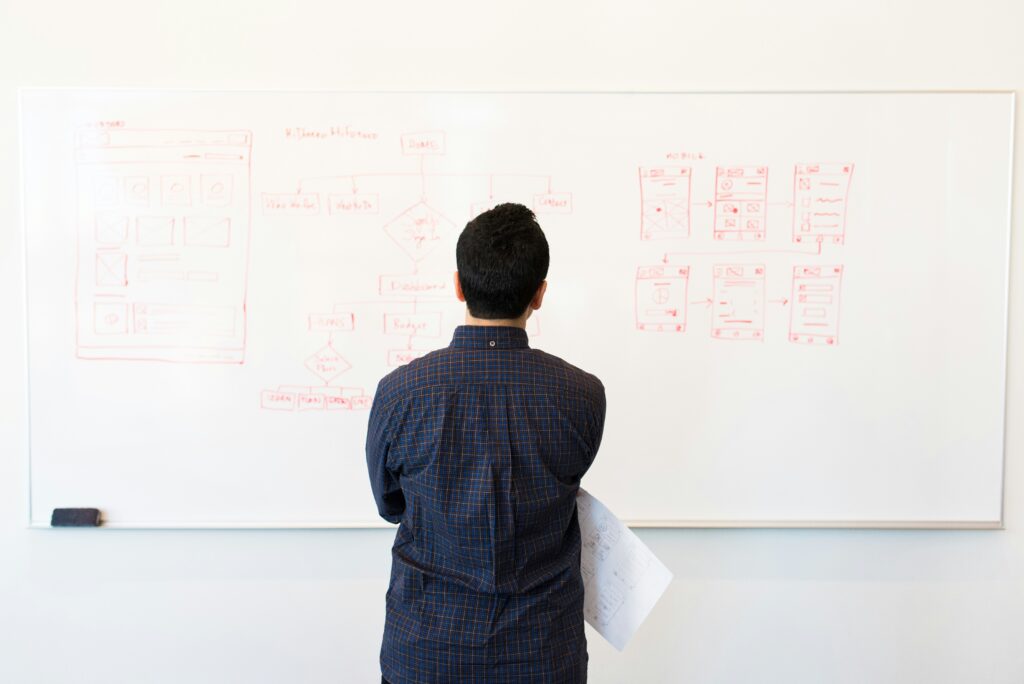 Man studying a whiteboard filled with written problems, analyzing challenges and solutions.