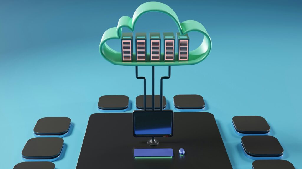 Illustration representing cloud storage and data management, symbolizing scalable infrastructure and digital transformation.