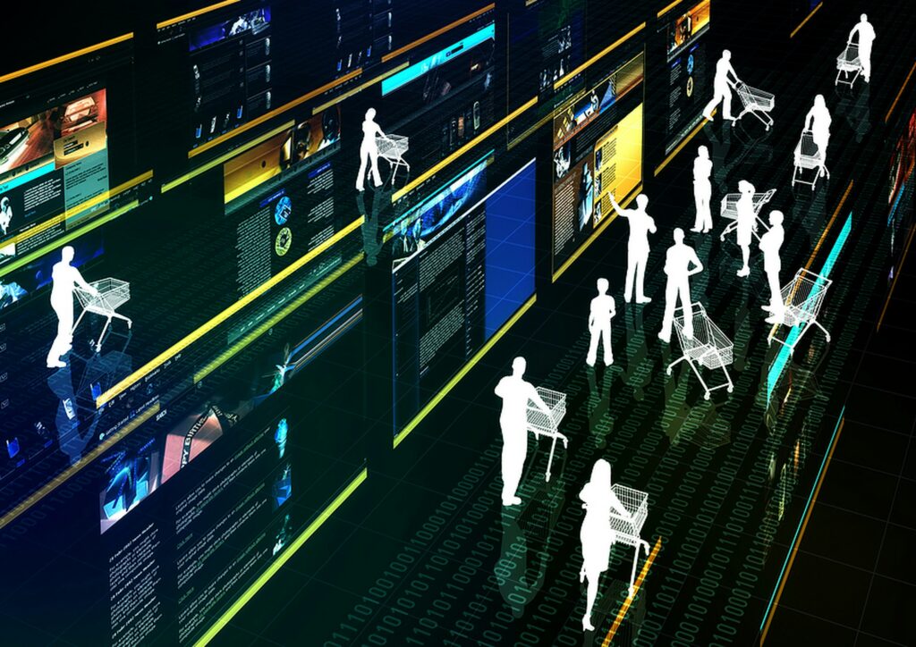 Digital shopping concept with screens and customer silhouettes, representing eCommerce, online purchases, and retail technology.
